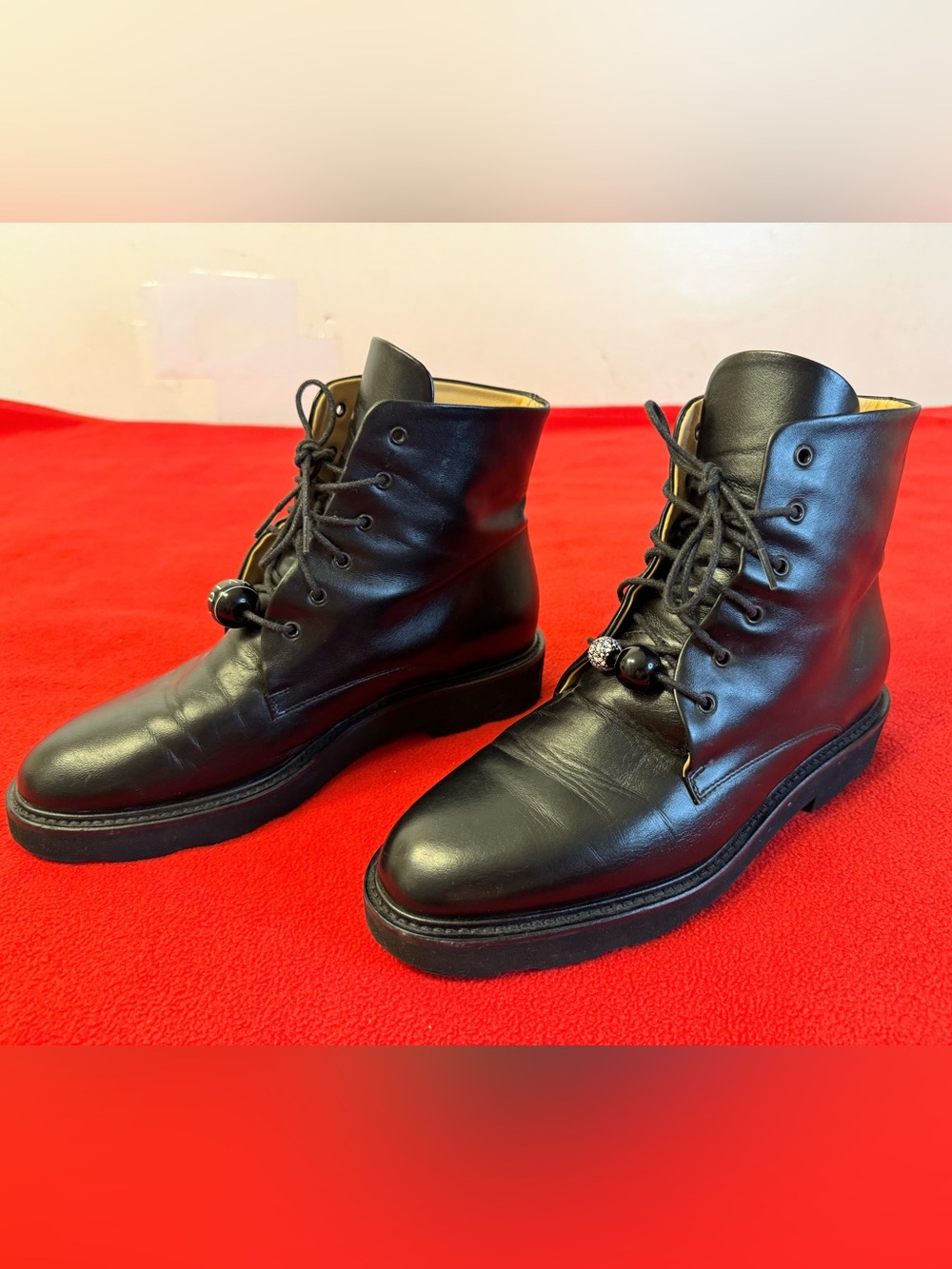 Dear Frances Park Black Smooth Leather Lace up bead Combat Boots Size 39 Italy